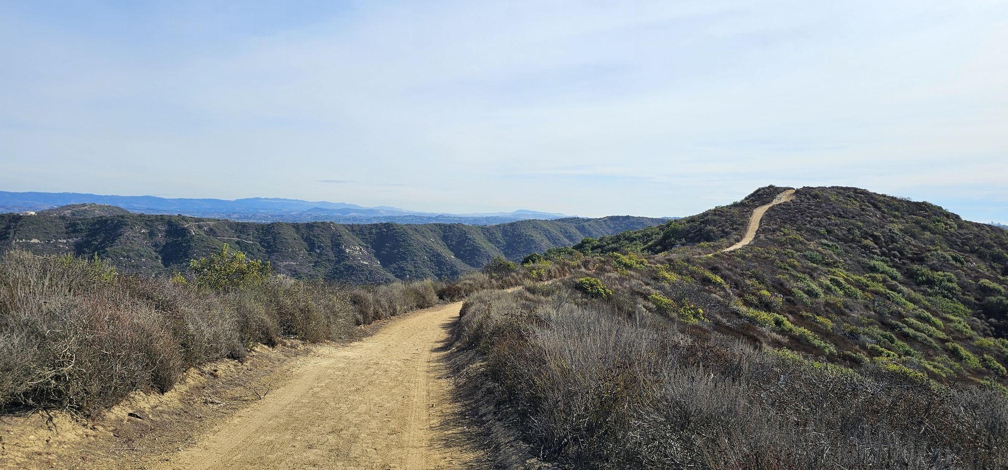 A dirt path on a ridge overlooks rolling hills under a bright sky. - Bommer Ridge, Big Bend and Laguna Ridge Trail Loop