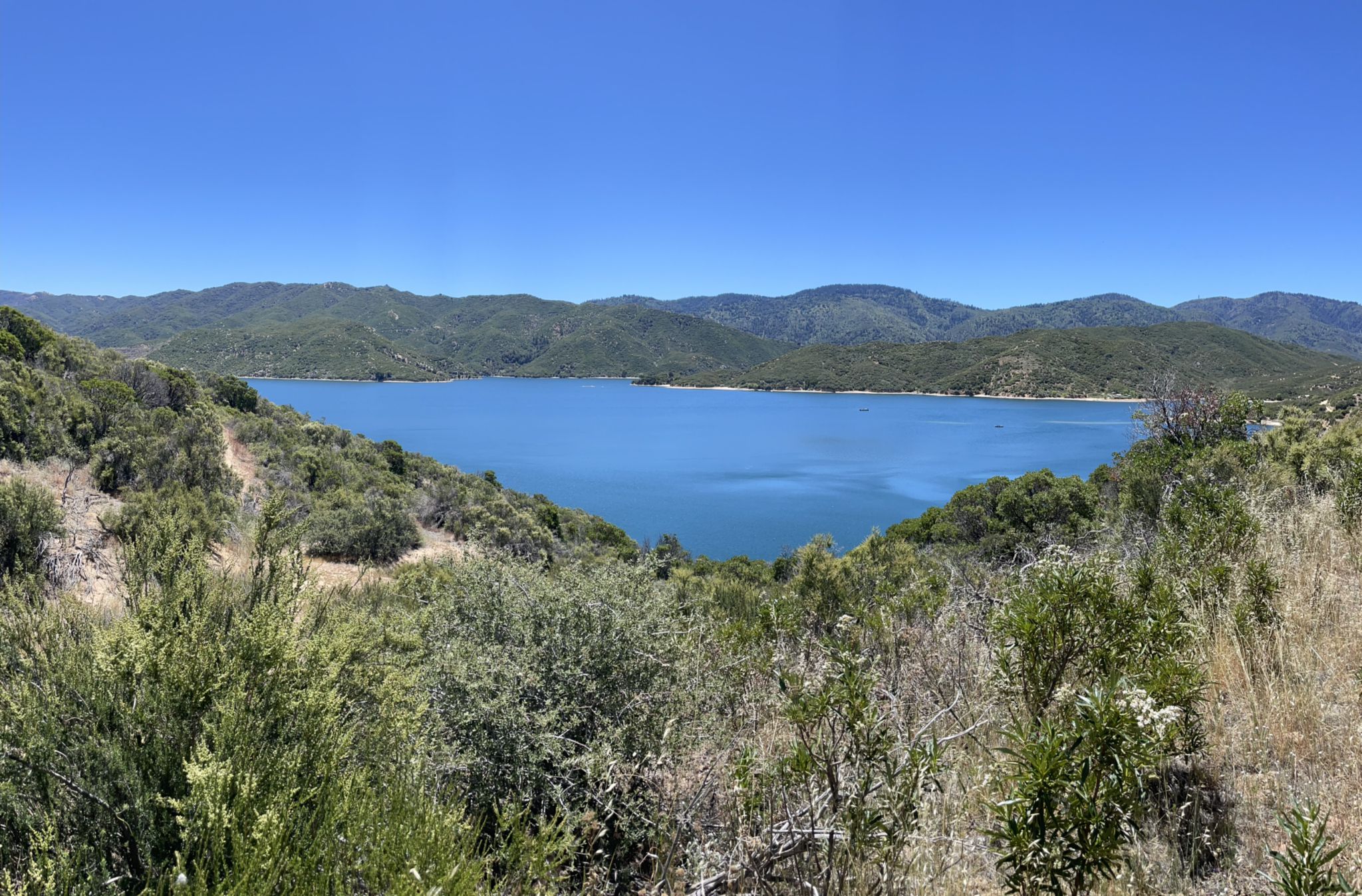Expansive blue lake nestled among green, forested hills on a clear day. - Pacific Crest Trail: Silverwood Lake