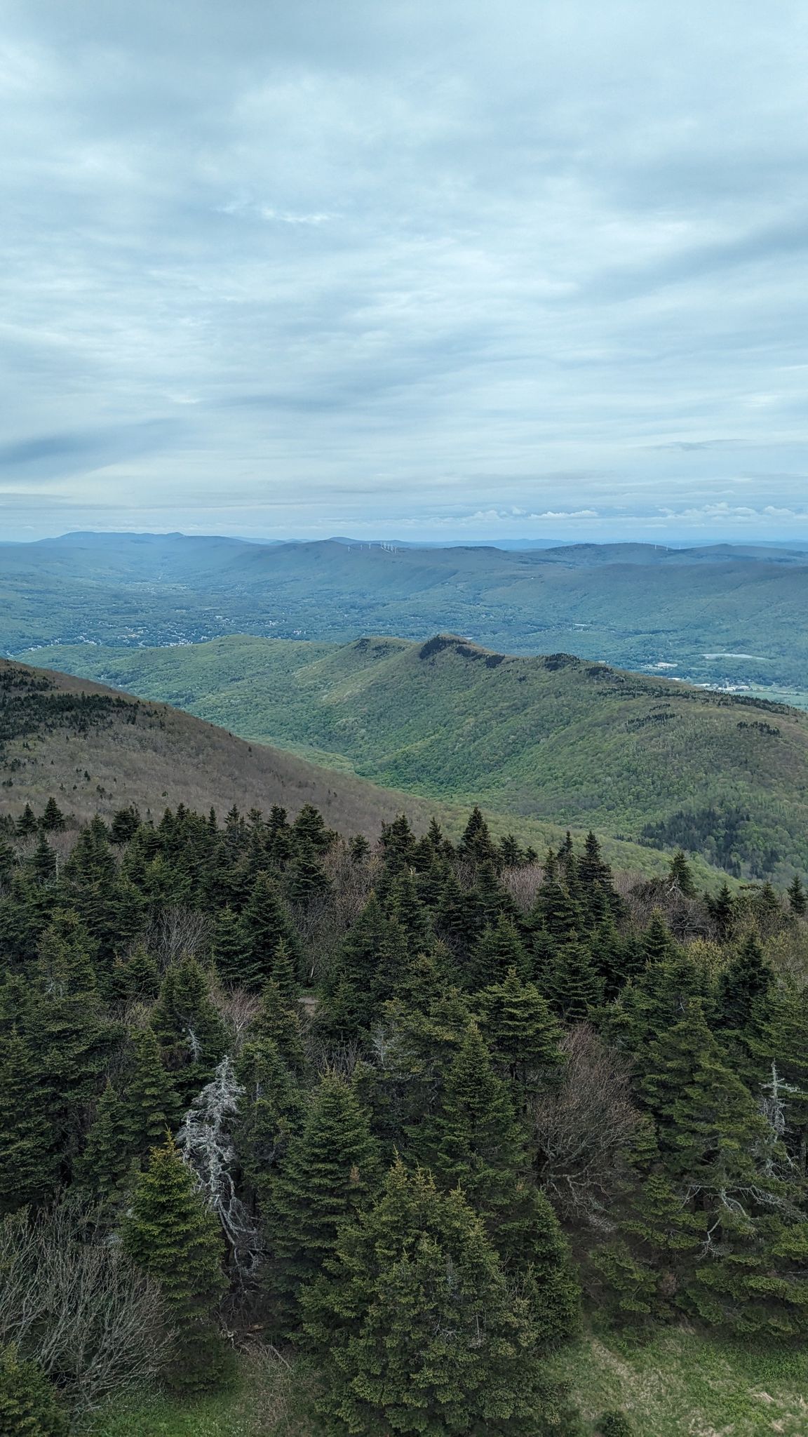 A panoramic view of green mountain ranges and valleys under a cloudy sky. - Wilbur’s Clearing to Summit Trail