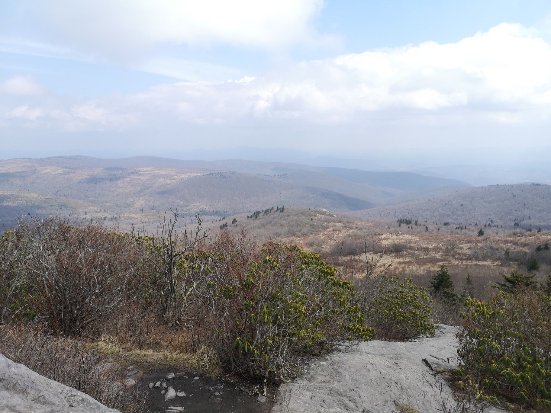 Expansive mountain landscape under a cloudy sky, with rocky foreground and sparse trees. - Mount Rogers Loop Trail