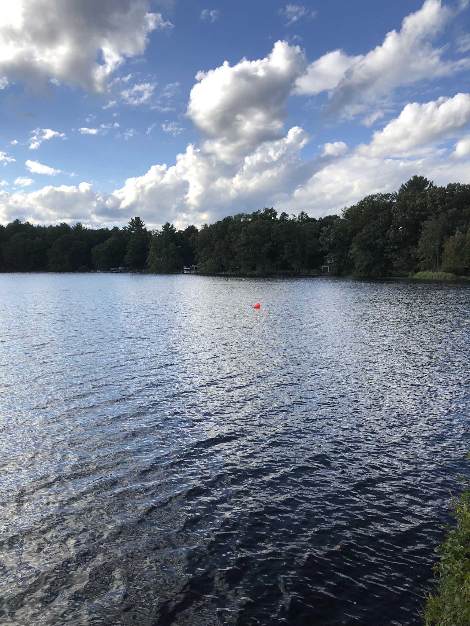 Wide view of a calm lake with a red buoy and distant trees. - Bruce Freeman Rail Trail – Heart Pond loop from Old Quarry