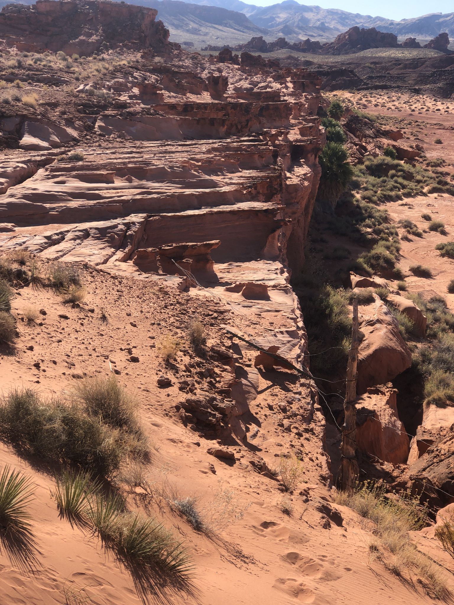 Deep, narrow canyon with red rock walls and sandy slopes, sparse bushes. - Little Finland Loop