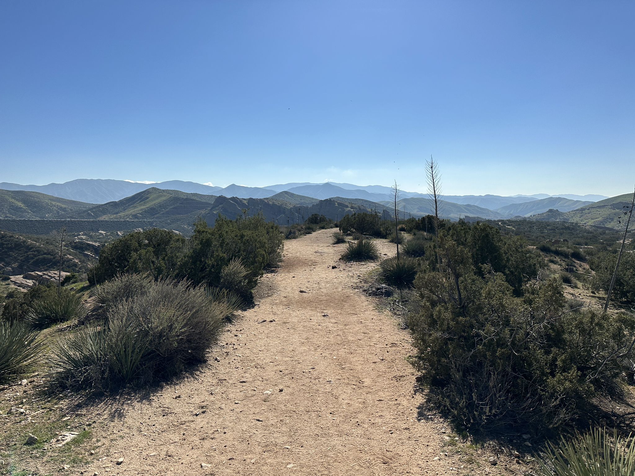 Dirt path winding through brush, with distant mountains under a bright blue sky. - Vasquez Rocks via Pacific Crest Trail loop