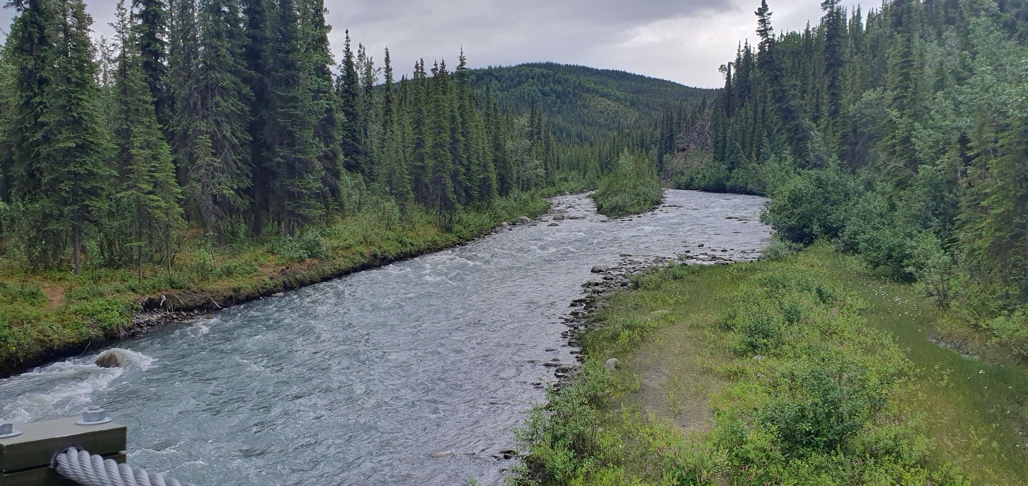 A wide, flowing river winds through a lush green forest under cloudy skies. - Triple Lakes Trail