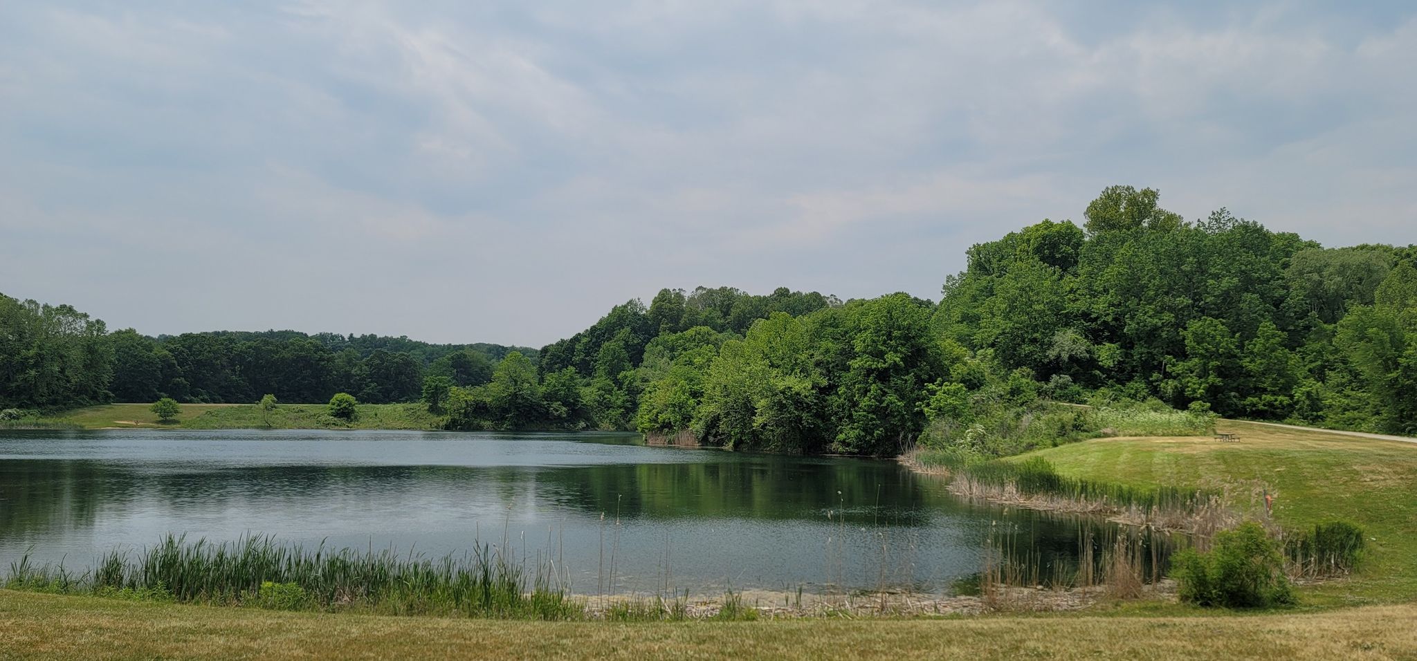 A calm lake surrounded by lush green trees under an overcast sky. - Ohio & Erie Canal Towpath and Buckeye Trail Loop
