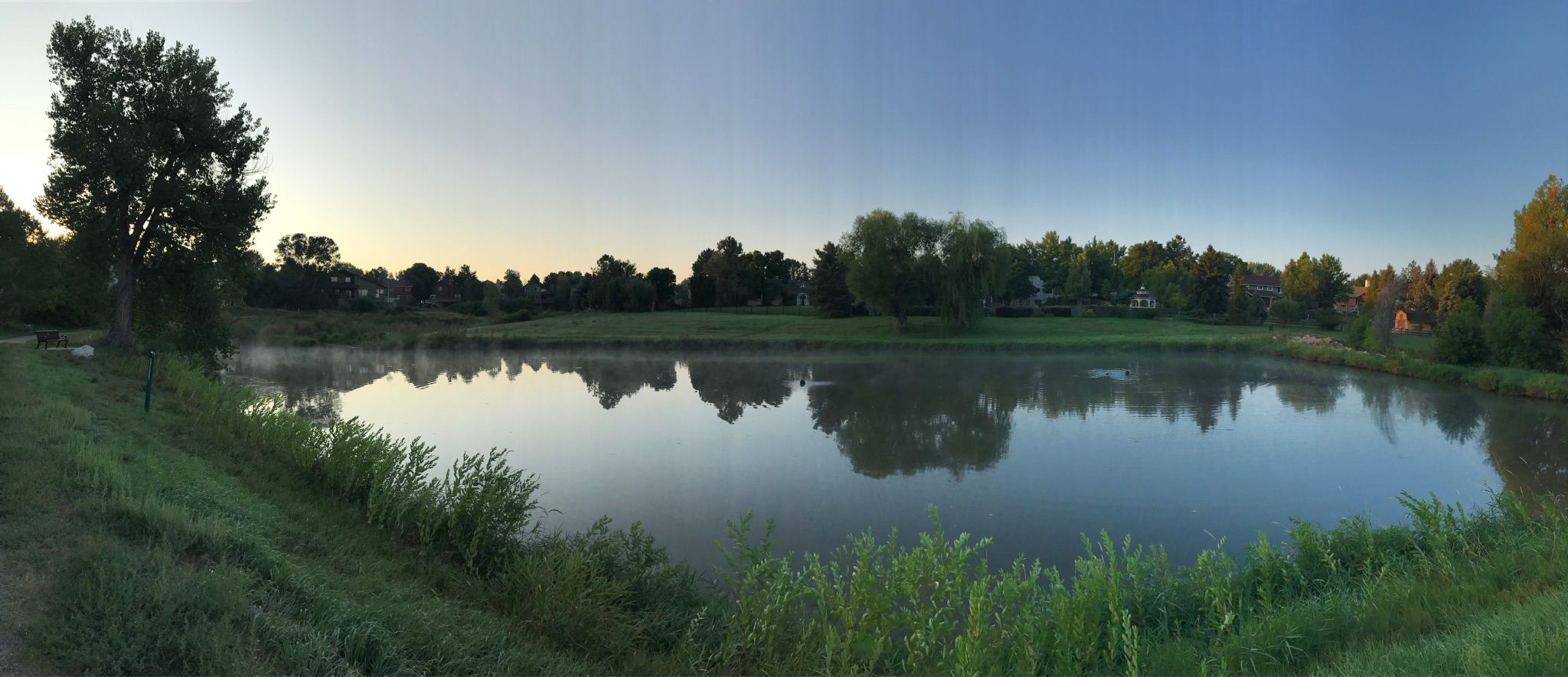 Panoramic view of a calm pond reflecting trees under a soft morning sky. - Lee Gulch Trail