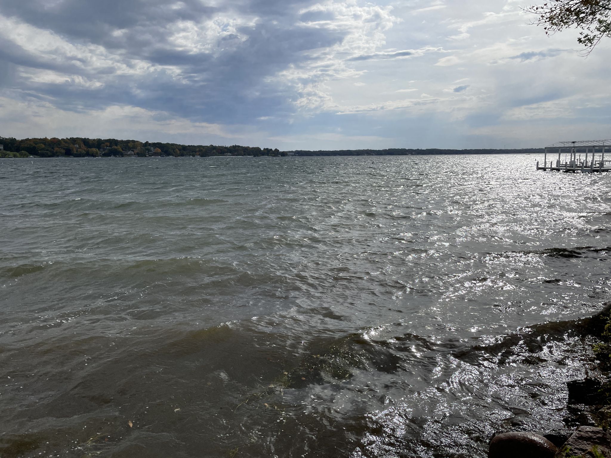 Choppy lake water with distant wooded shore under a cloudy sky. - Lake Geneva Shore Path