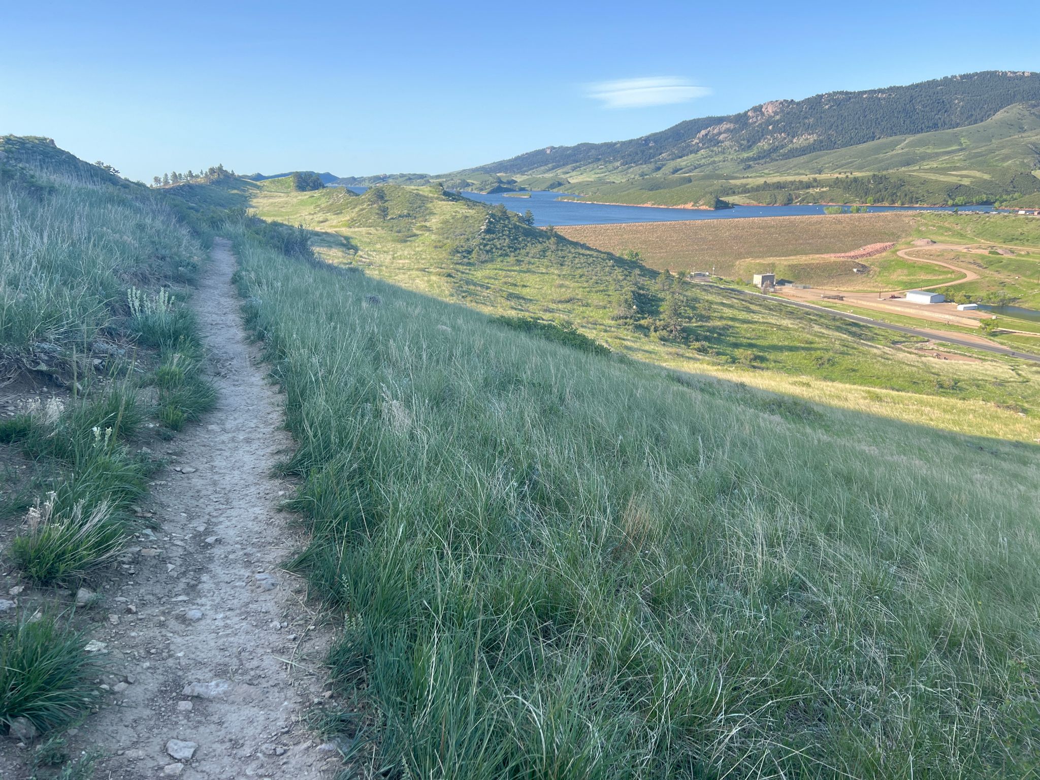 Dirt trail on a grassy hillside overlooking a lake and distant mountains. Sunny. - Foothills Trail
