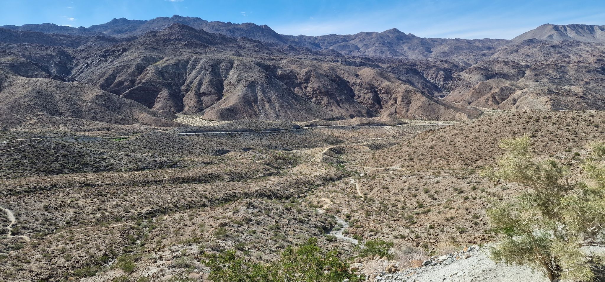 Panoramic view of a vast, rugged desert mountain range and valley. - Randall Henderson Trail loop from Palm Desert
