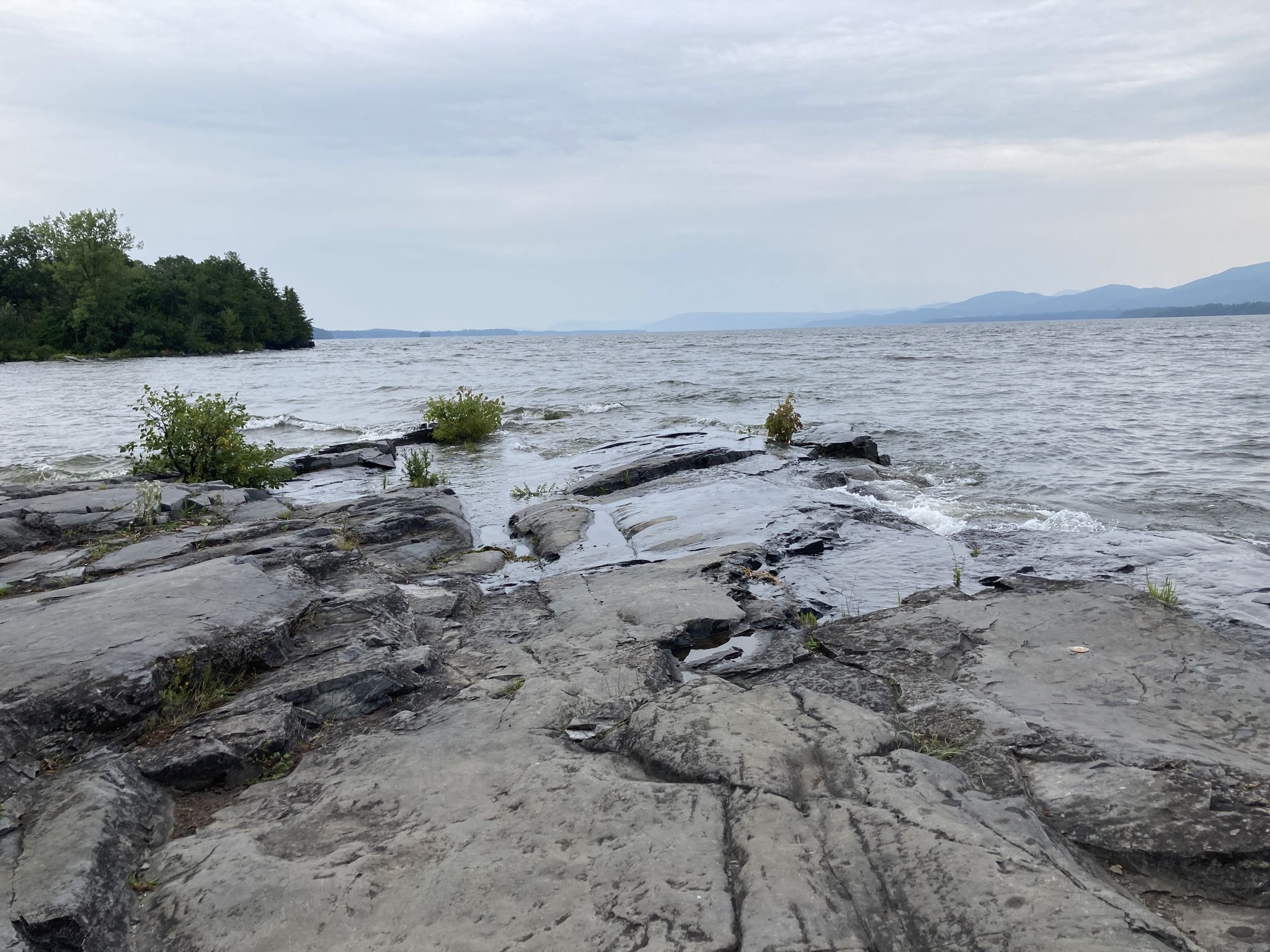 Rocky shoreline with choppy water under an overcast sky, distant trees and mountains. - Button Bay Trail