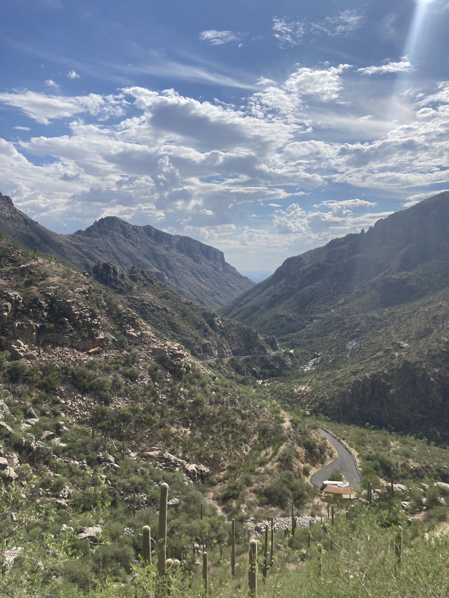 Scenic view of a winding road through a desert mountain canyon. - Sabino Canyon Trail to Hutch's Pool
