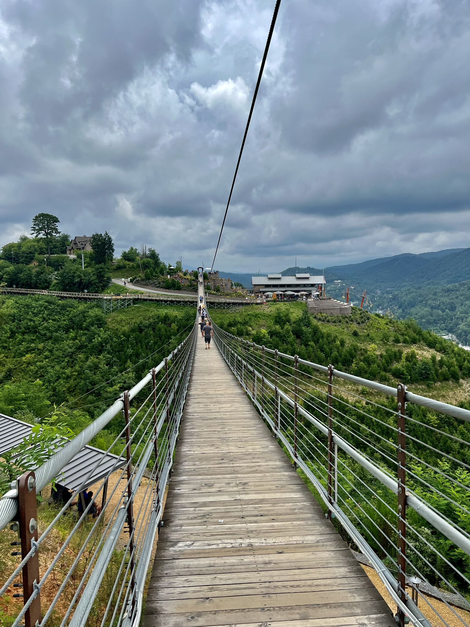 People walk on a long suspension bridge over green forested hills under an overcast sky. - Gatlinburg SkyBridge loop from Gatlinburg