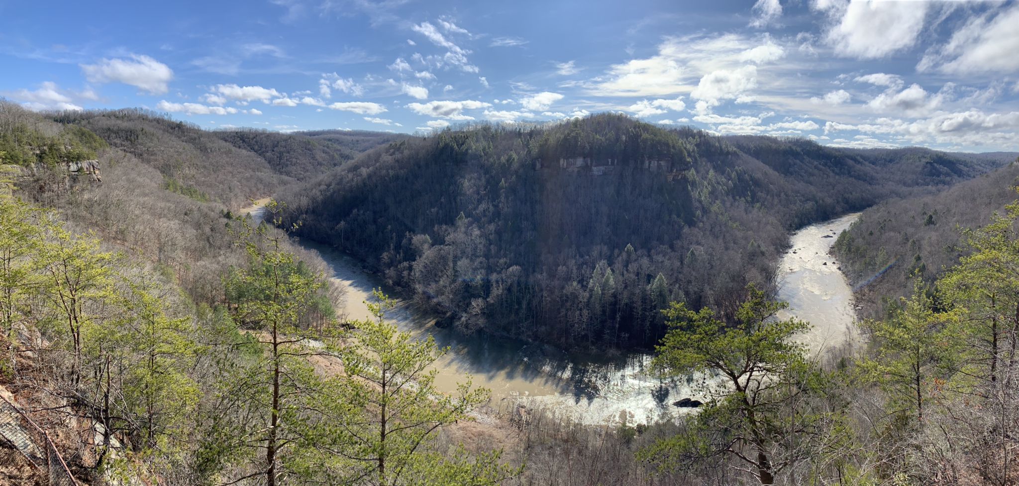 Panoramic view of a winding river through forested hills under a bright, cloudy sky. - Blue Heron Loop Trail
