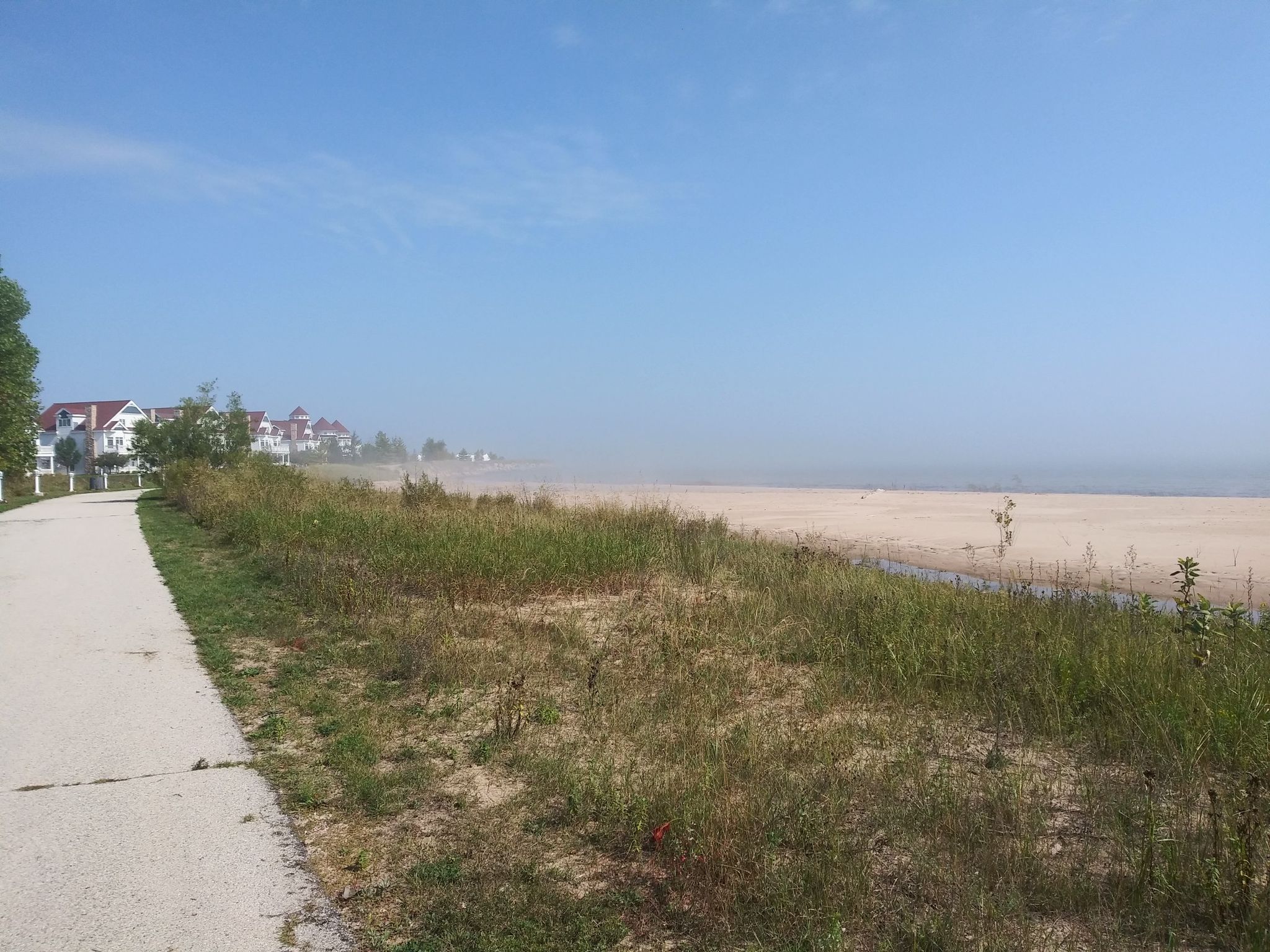 Paved path next to a sandy beach with grassy dunes and distant houses. - Running loop from Calvin Christian Reformed Church