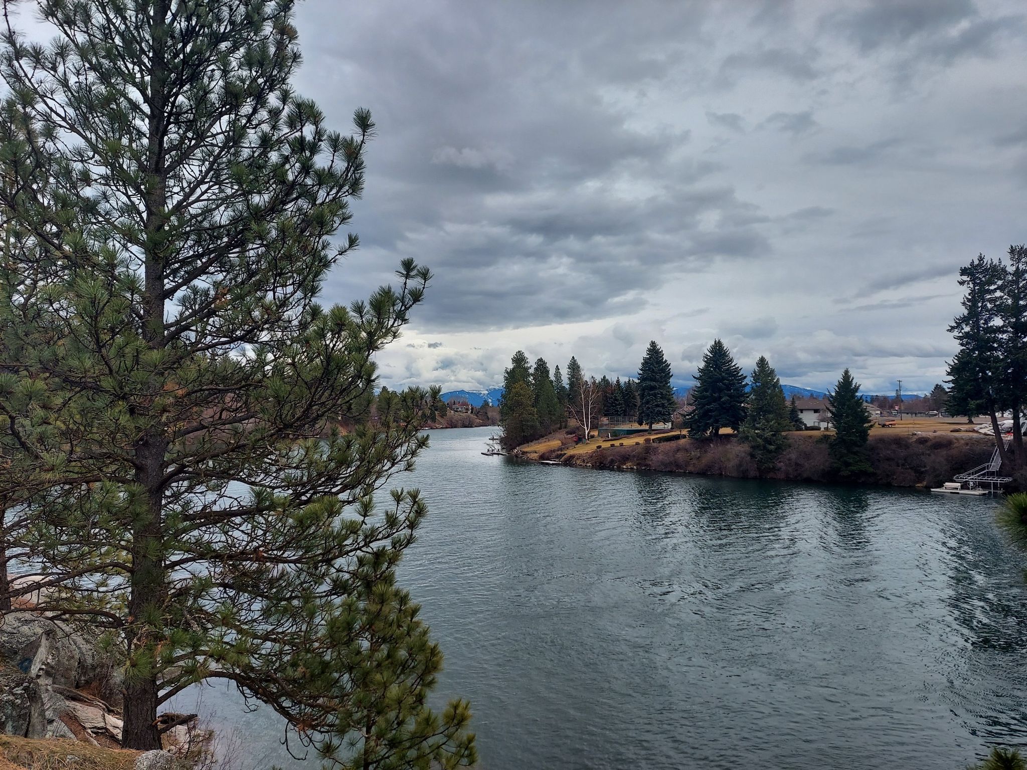 A wide river flows past pine-covered banks under a cloudy sky. - Spokane River Centennial Trail: Boulder Beach to Mission Park