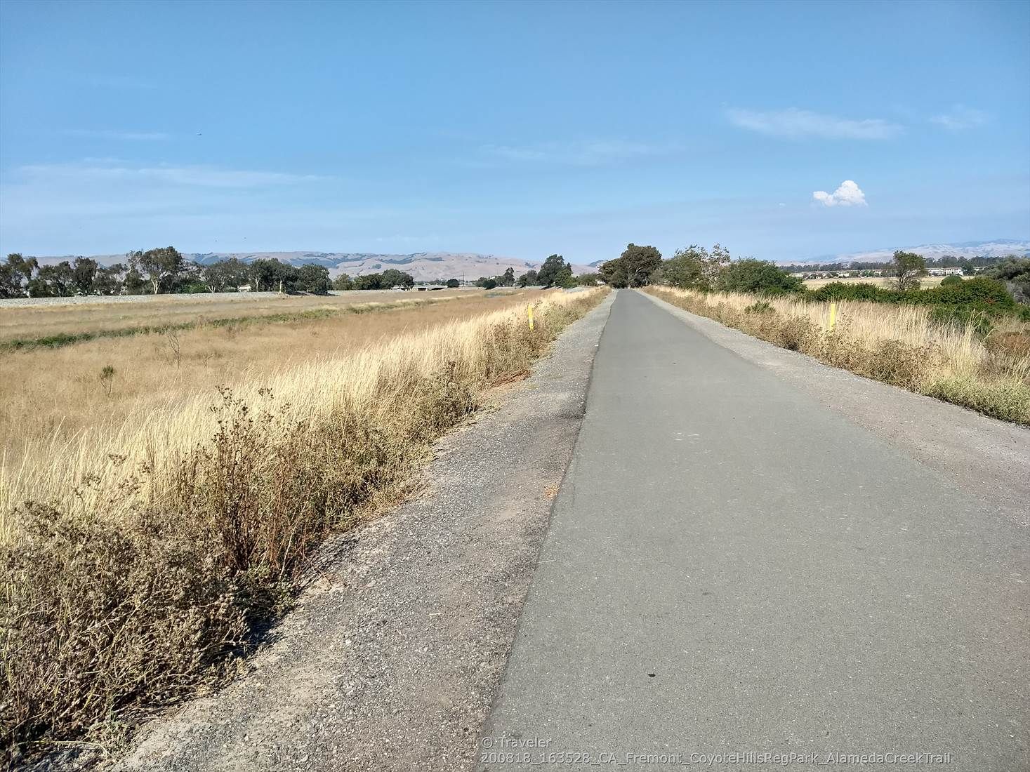 Long paved path through dry golden fields, with distant trees and hills. - Alameda Creek Trail – Alameda Creek Trail loop from Union City