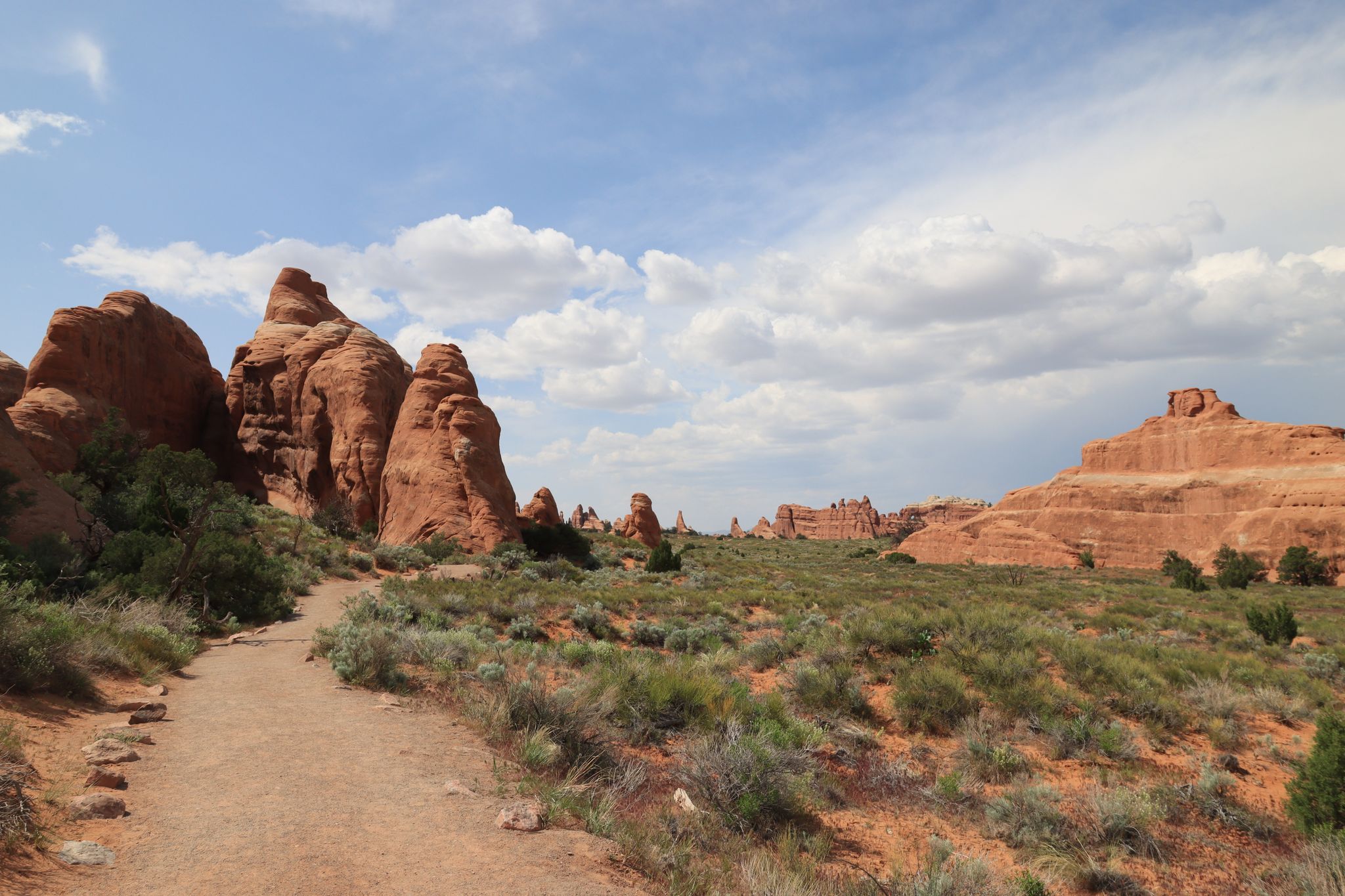 A dirt path leads past large red rock formations and desert vegetation. - Devil's Garden Trail