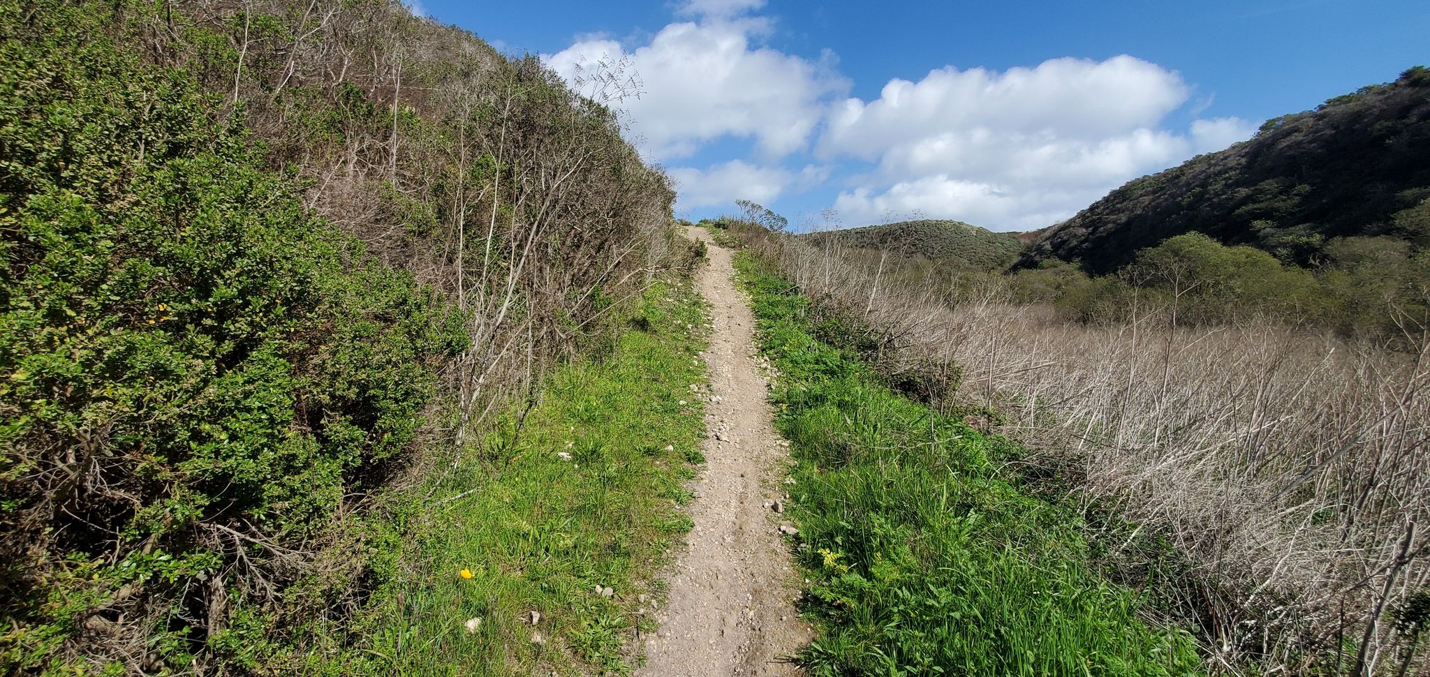 Dirt path winding uphill between green and dry hillsides under a partly cloudy sky. - Enchanted Loop