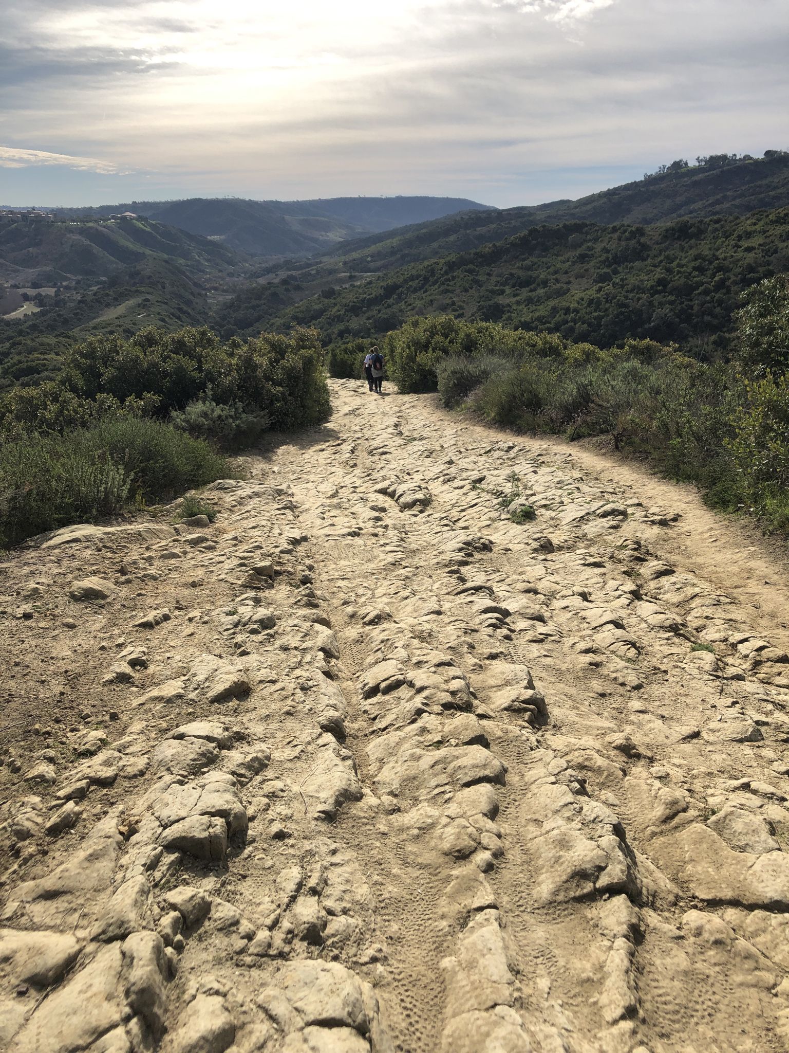 A person walks on a rocky dirt path through hilly, brush-covered terrain. - Rock-It, Car Wreck, and Wood Canyon Loop
