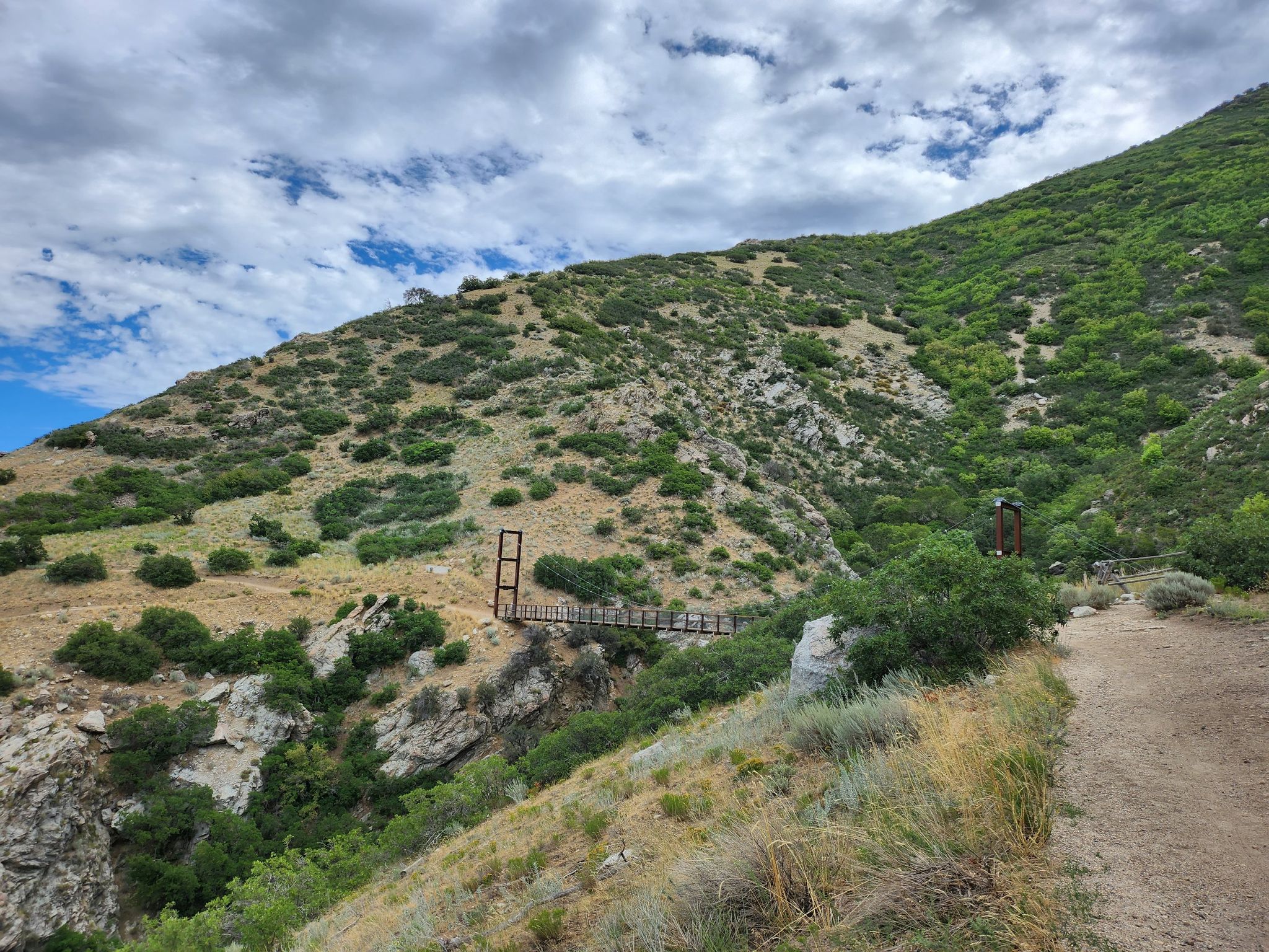 Distant view of a suspension bridge in a green, rocky mountain landscape under cloudy sky. - Bear Canyon suspension bridge – Iron bridge loop from Hidden Valley Park