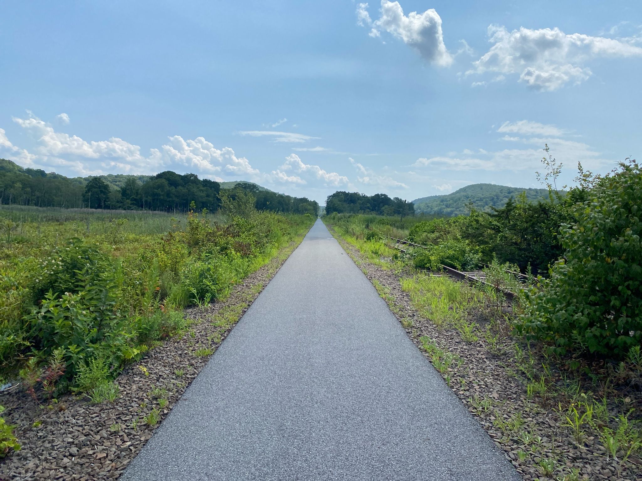 A long paved path extends through green fields under a blue sky. - Lake Carmel Loop