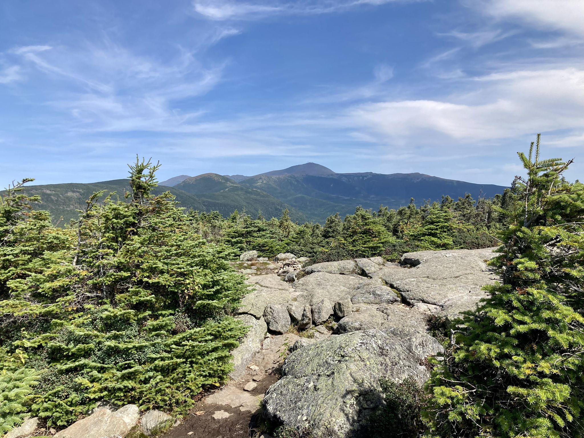 Rocky foreground with evergreen trees and distant mountains under a blue sky. - Webster-Jackson Trail