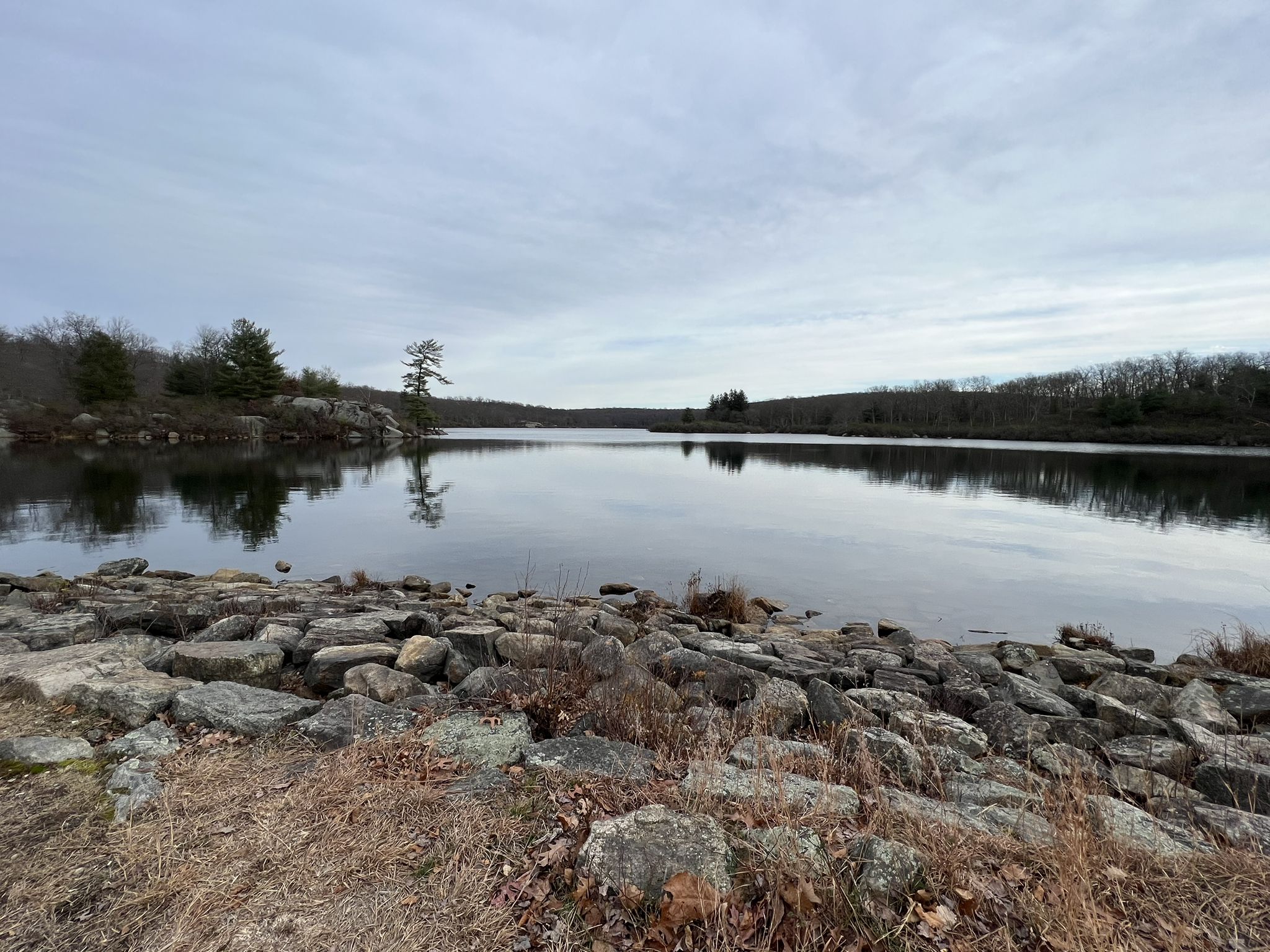 Serene lake with a rocky shore and reflections under an overcast sky. - Pine Meadow Lake Loop