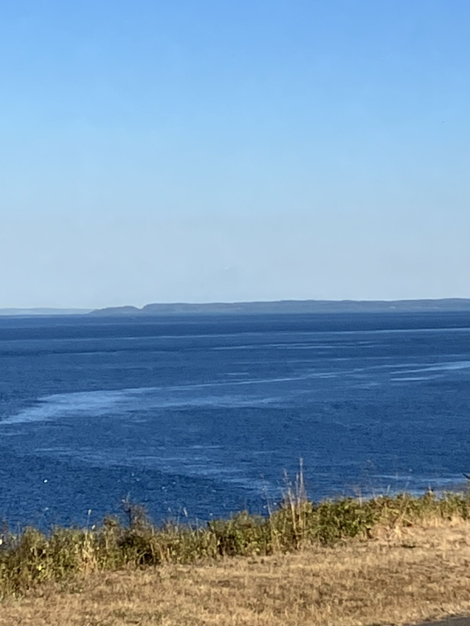 Vast blue ocean under a clear sky, with a distant landmass. - Fort Flagler State Park – Port Hadlock loop from Tamanowas Rock Sanctuary