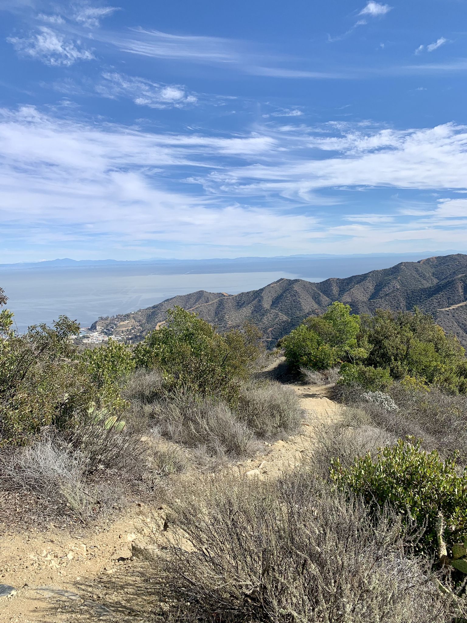 A dirt trail winds through dry brush with mountains and ocean beyond. - Hermit Gulch Campground loop from Avalon