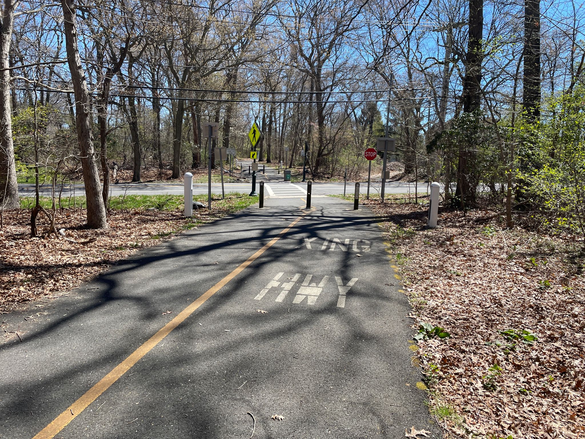 Paved path with "YIELD" painted, leading to a road crossing under bare trees. - Setauket-Port Jefferson Station Greenway Trail