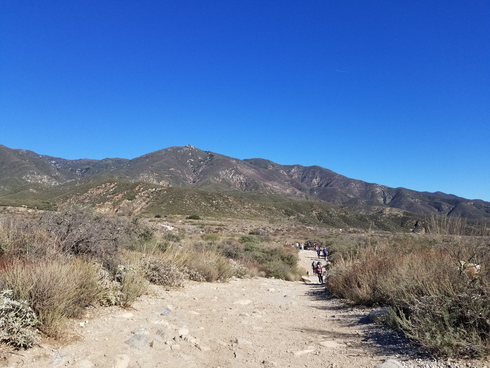 Group of hikers on a dirt path leading towards large, brushy mountains. - North Etiwanda Preserve loop from North Etiwanda Preserve