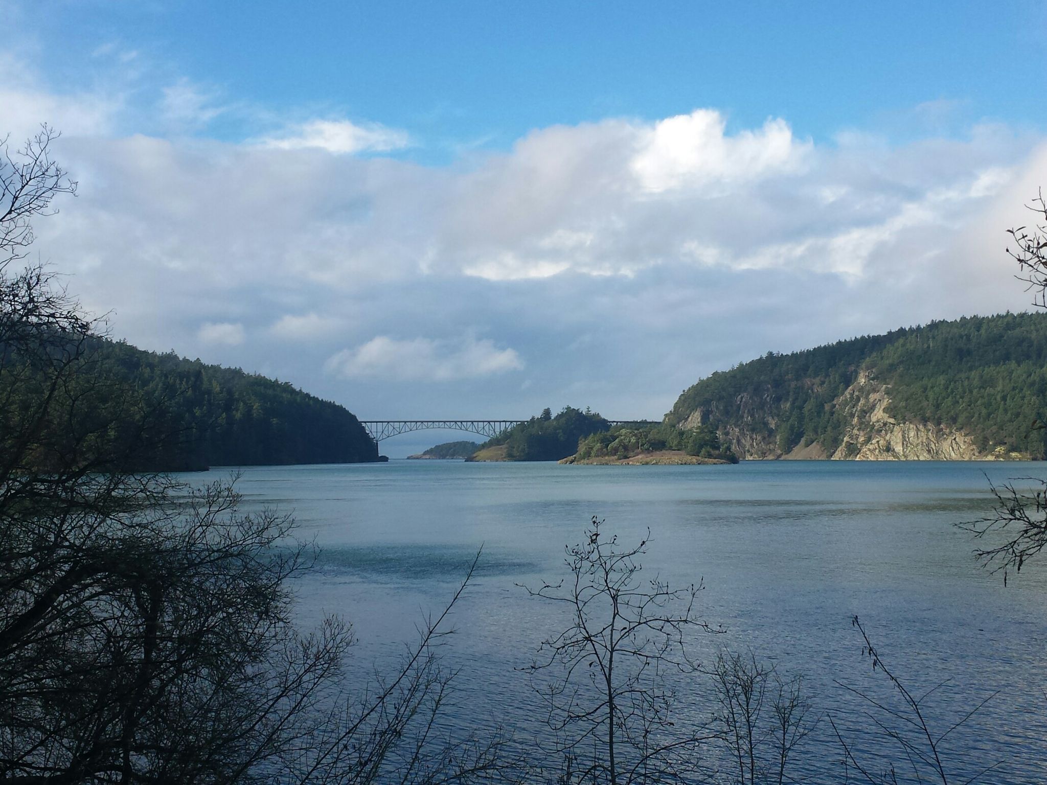 Wide water channel with forested hills and a distant bridge under a cloudy sky. - Hoypus Point Loop Trail