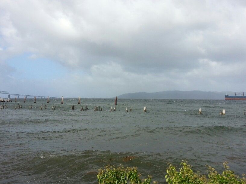 Choppy water with old pilings, distant bridge and ship, overcast sky. - Clatsop County Heritage Museum – Columbia River Maritime Museum loop from Astoria