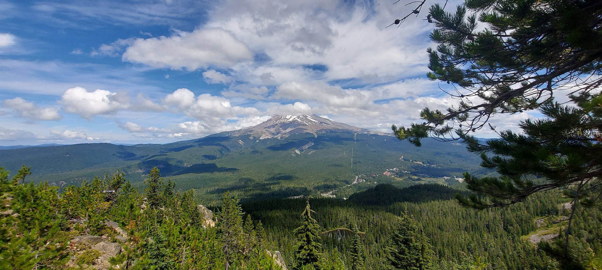 Distant snow-capped mountain overlooks a vast green forest under a partly cloudy sky. - Tom, Dick and Harry Mountain via Mirror Lake Trail