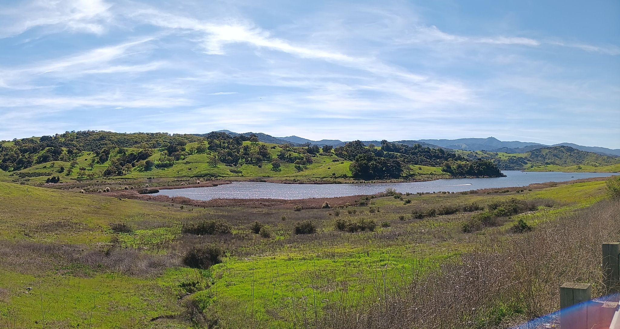 Panoramic view of a lake nestled among green rolling hills under a blue sky. - Calero County Park to Uvas Reservoir loop