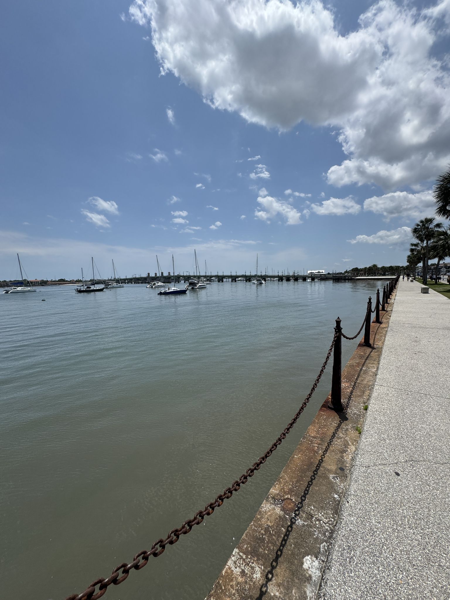 Boats moored in a sunny harbor next to a paved walkway with a chain railing. - Cathedral – Castillo de San Marcos loop from Saint Augustine