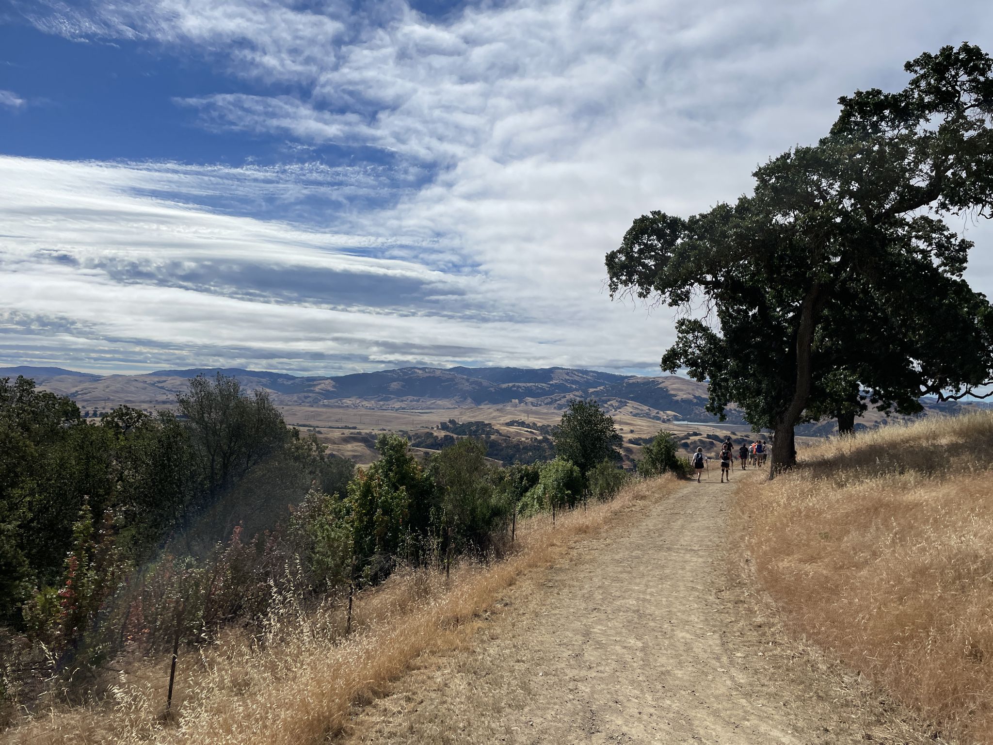 People hike a dirt path through dry hills under a partly cloudy sky. - Ridgeline and Sinbad Creek Trail Loop