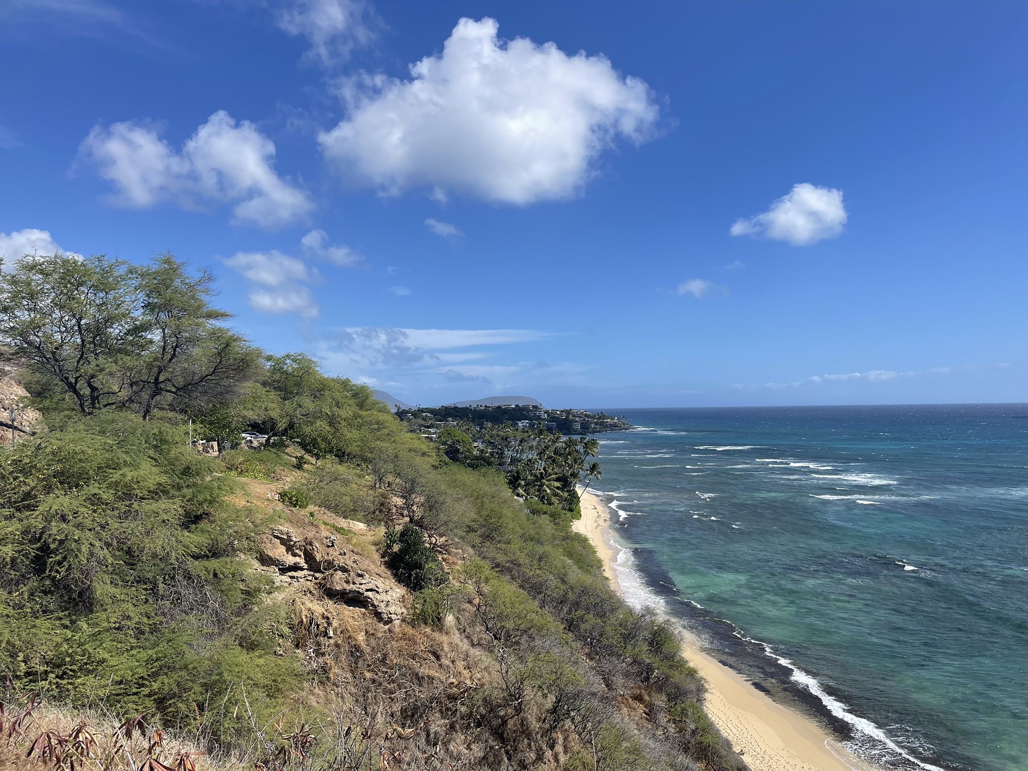 Sunny coastal view with blue sky, white clouds, green trees, and ocean. - Makapu'u via Pearl City
