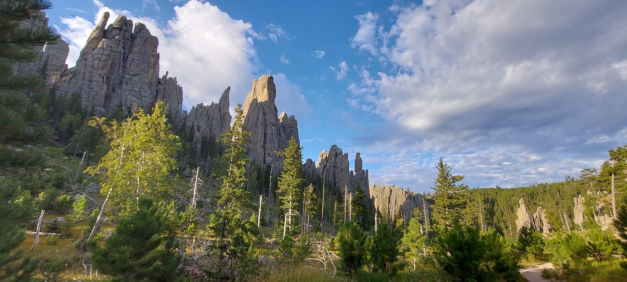 Majestic rocky spires towering over a vibrant green forest under a partly cloudy blue sky. - Cathedral Spires viewpoint – Cathedral Spires loop from Sylvan Lake