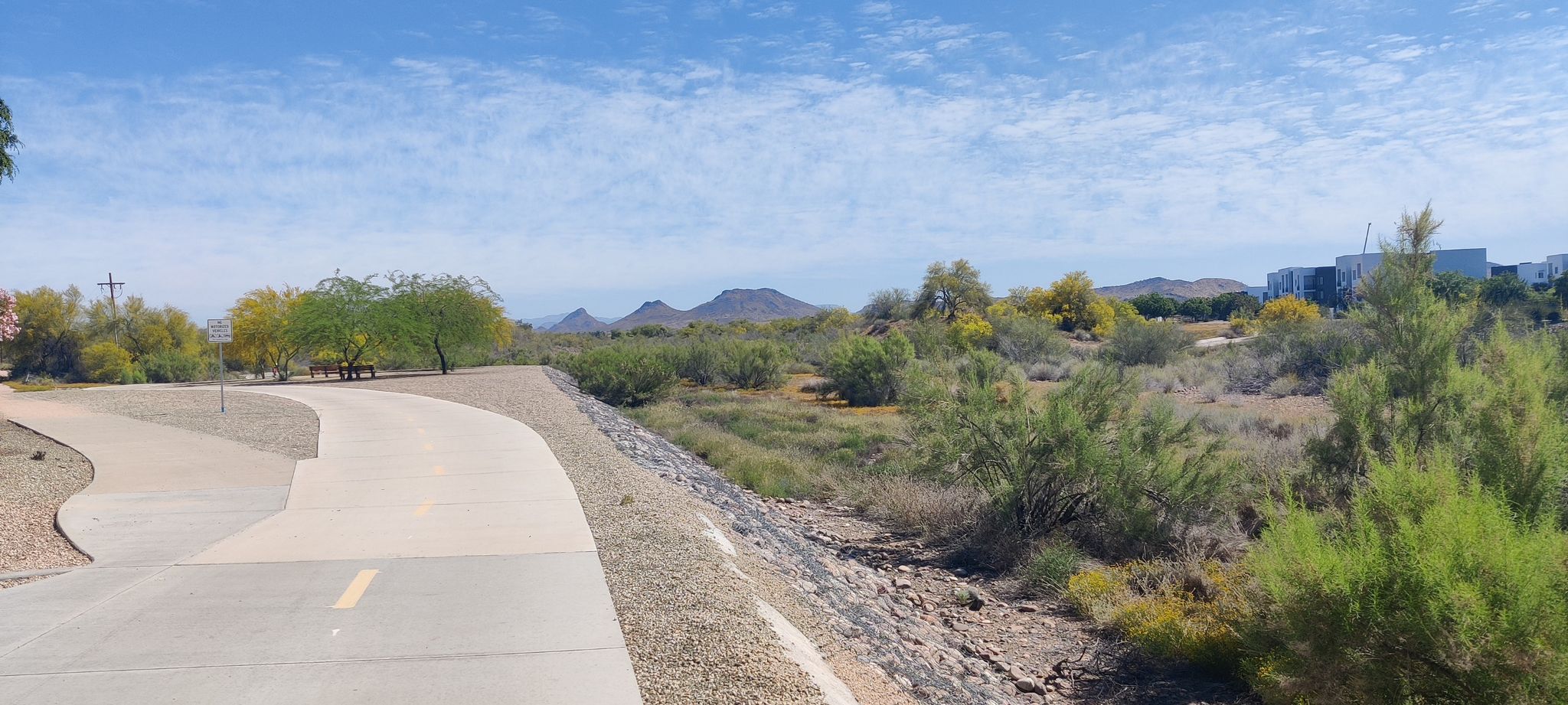 Curved paved path through desert landscape with mountains and buildings under cloudy sky. - Dawn Lake loop from Sierra Verde Elementary School