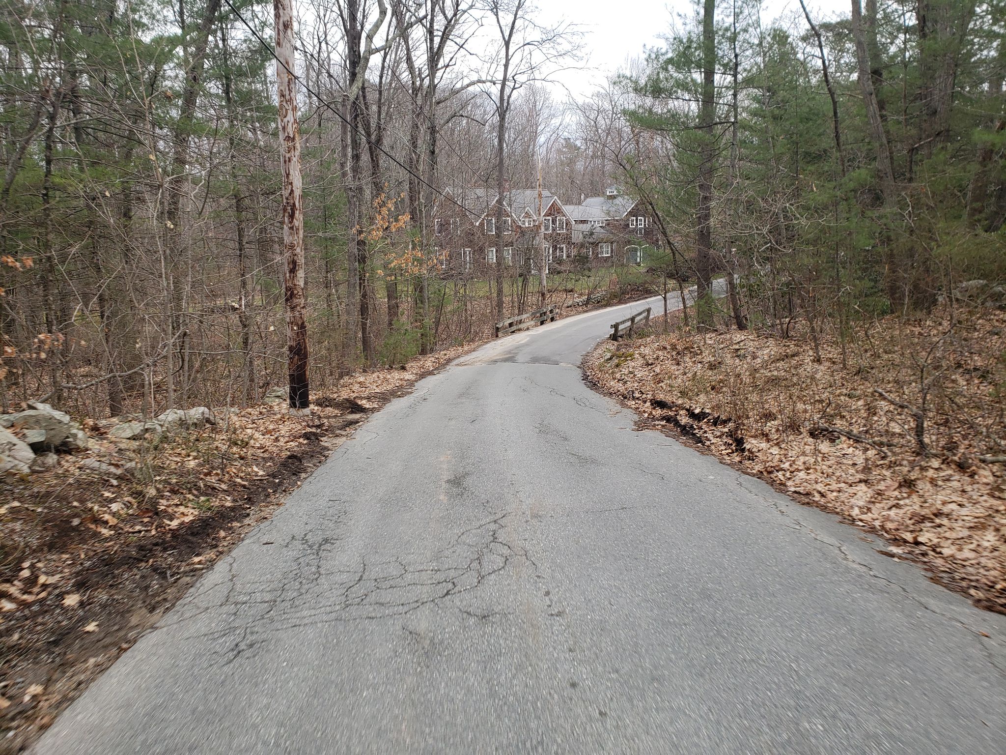A winding paved road through a dense forest with distant houses. - Powisset Street – Hartford Street loop from Hersey