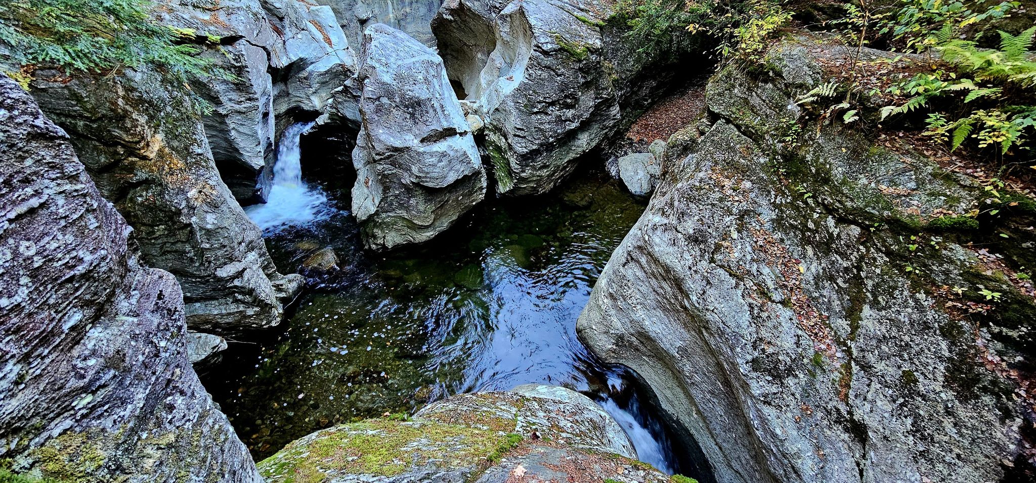 Dark water flows through a deep, rocky gorge with green foliage. - Bingham Falls Trail