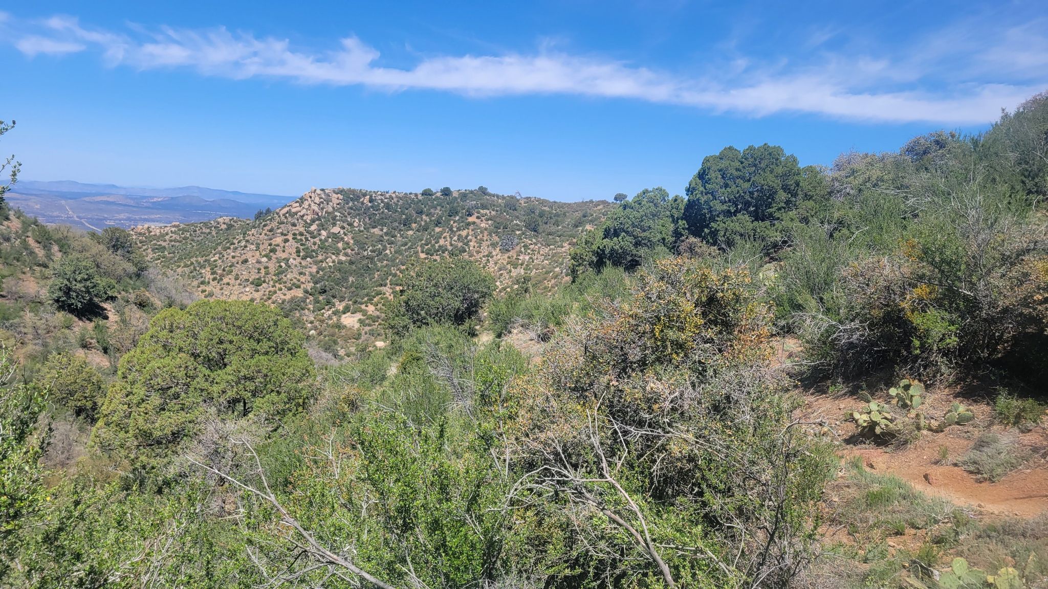 Lush green valley with rolling hills and distant mountains under a bright sky. - Little Granite Mountain Loop