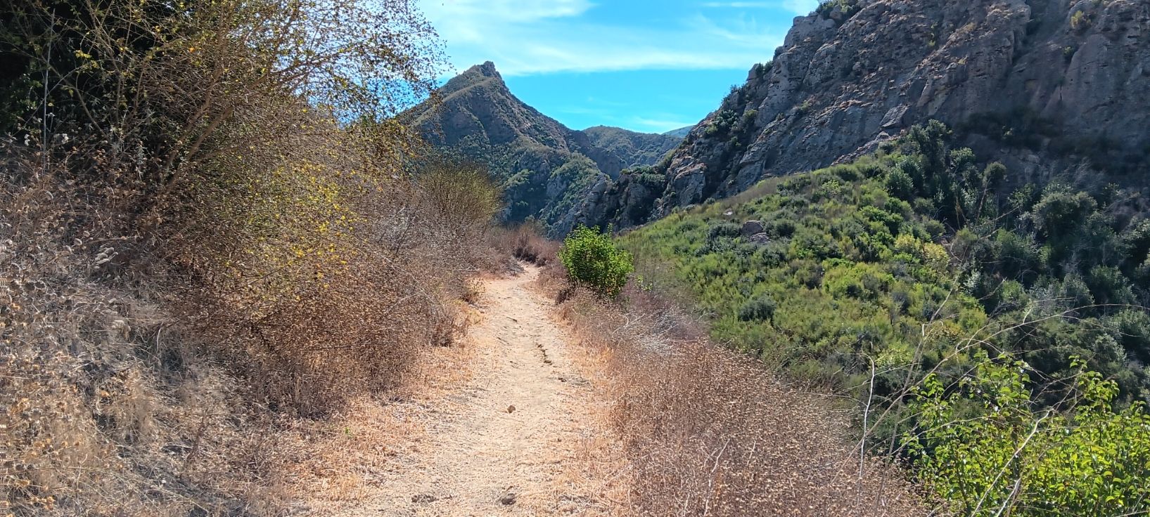 Dirt trail winding through dry and green brush towards distant mountains. - Forest and Lost Cabin Trail Loop