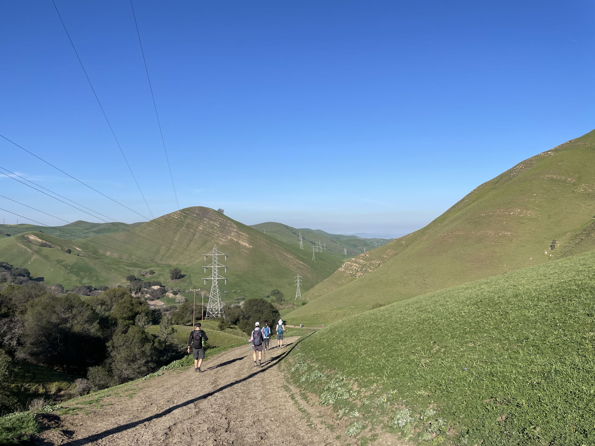 Group of hikers on a dirt trail through rolling green hills under blue sky. - Black Diamonds to Mt Diablo Regional Trail