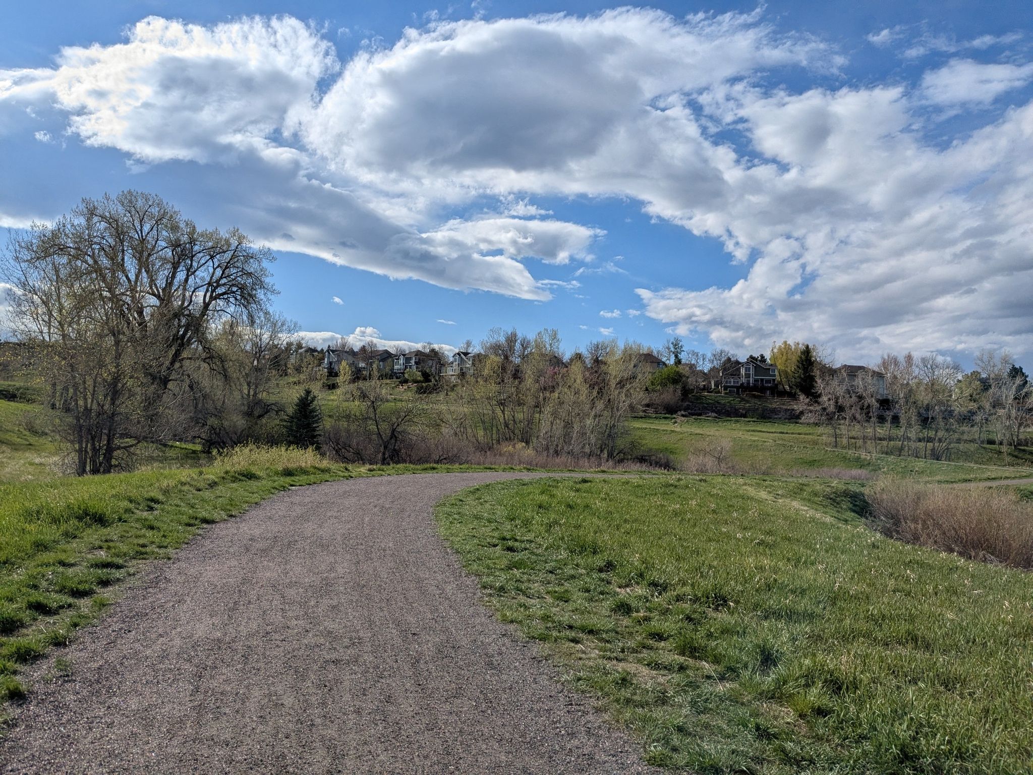 Gravel path winding through green hills under a bright, cloudy sky. - Goodhue, Powerline, & Coal Creek loop