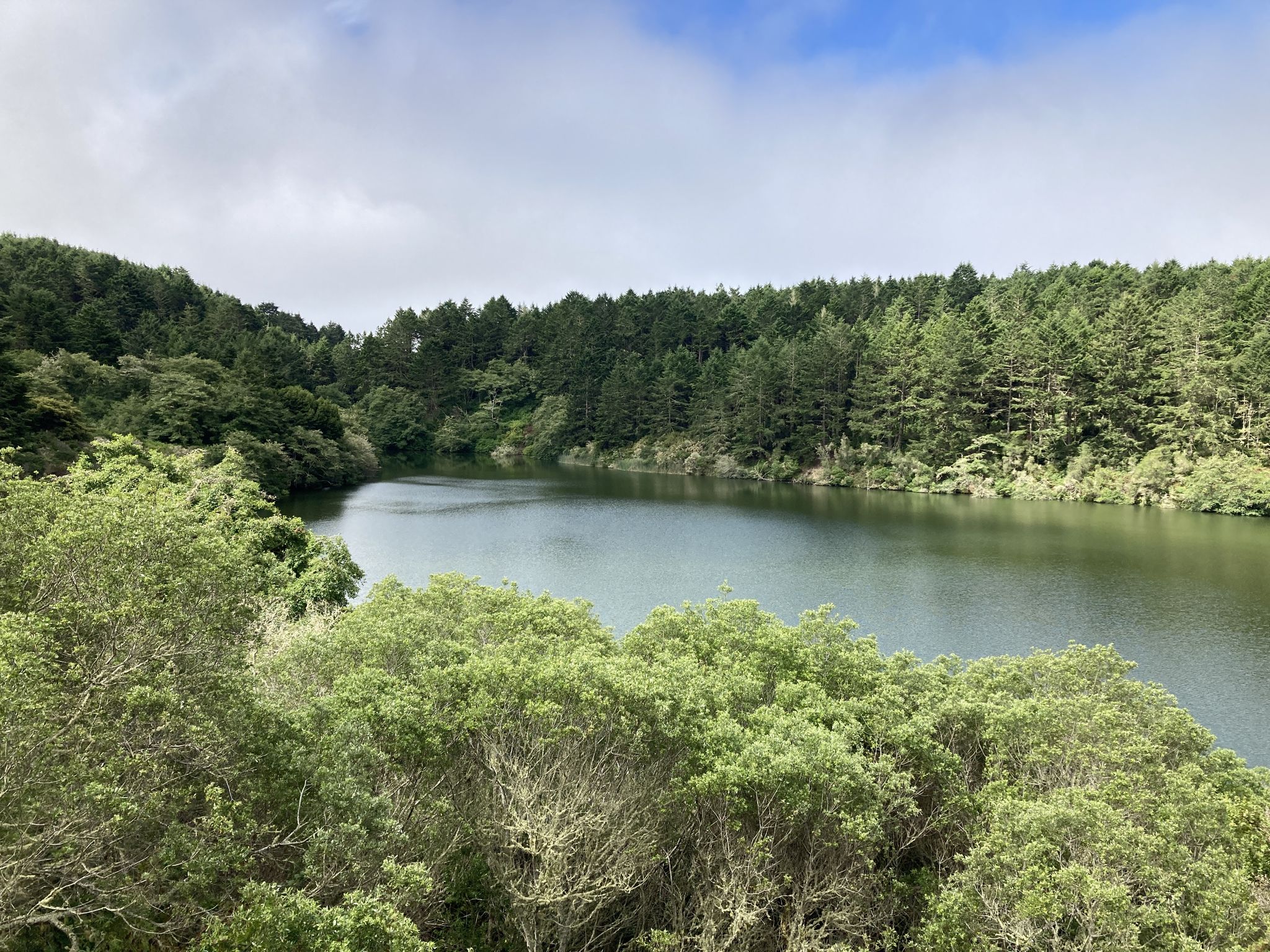 A calm lake surrounded by lush green forest under a partly cloudy sky. - Alamere Falls via Coast Trail