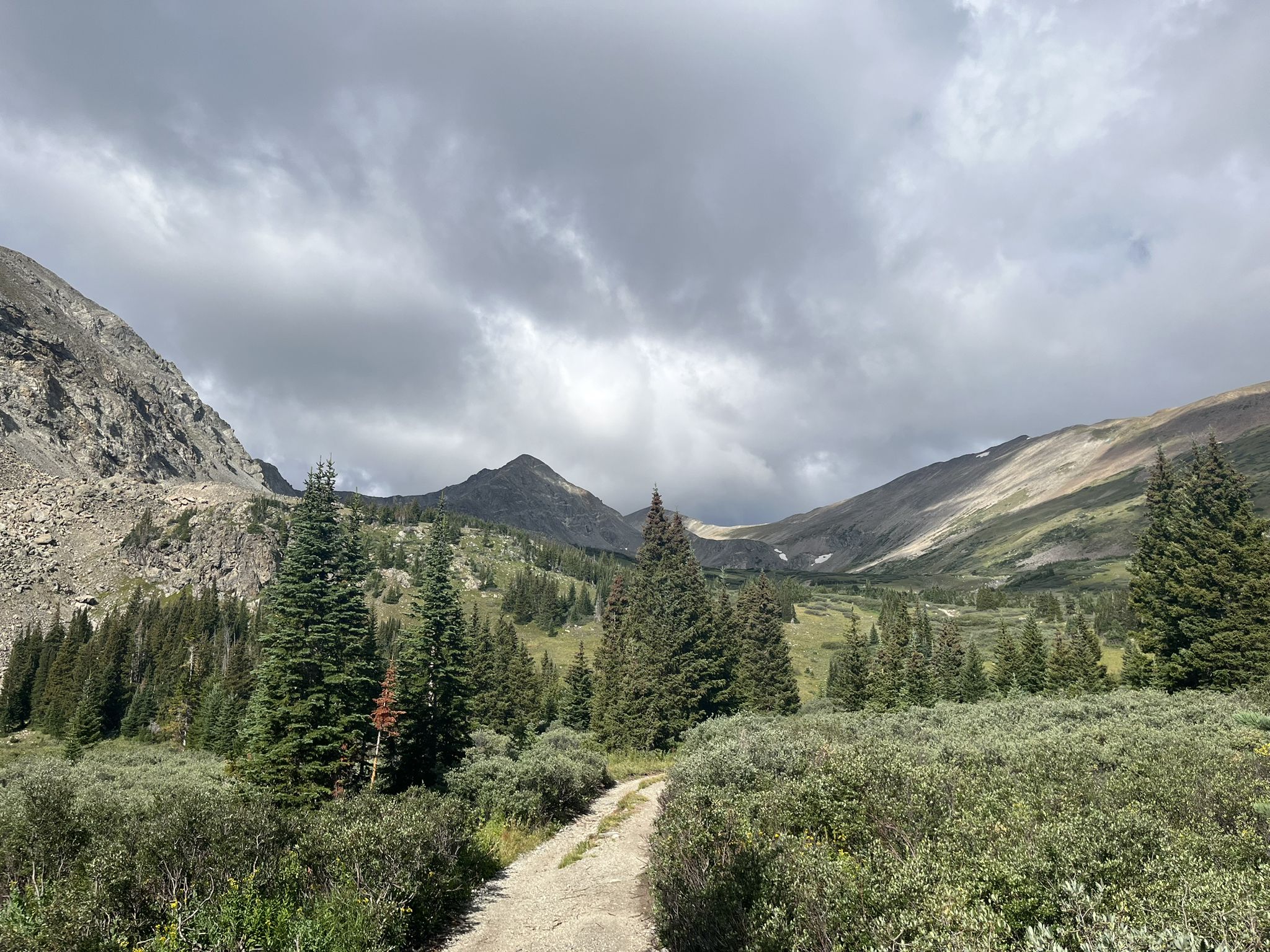 Dirt path winding through a lush mountain valley under an overcast sky. - Ten Mile Peak to Peak (Tenmile Range Traverse)