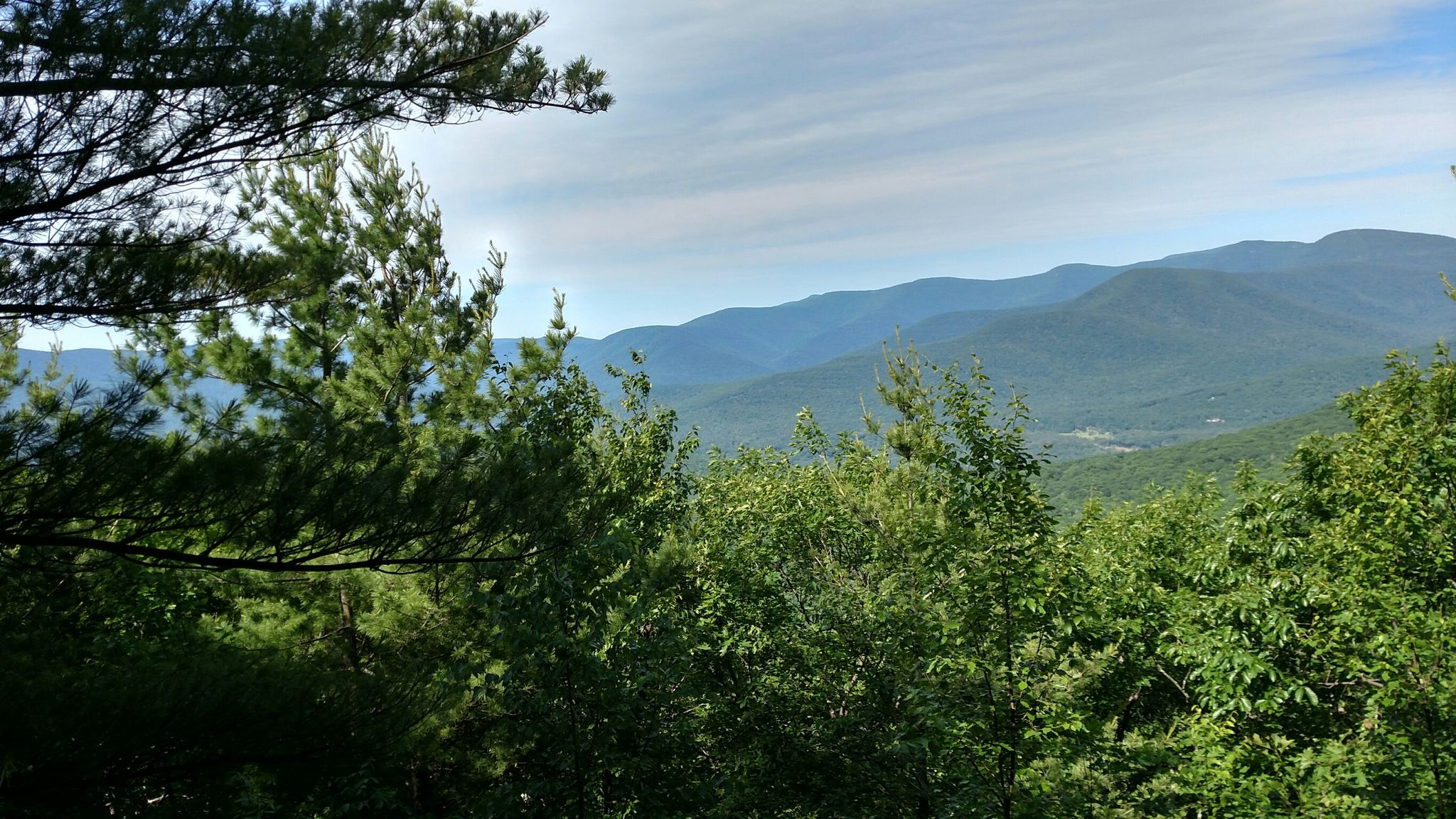 Lush green mountains under a bright sky, seen through foreground trees. - Ticetonyk Trail