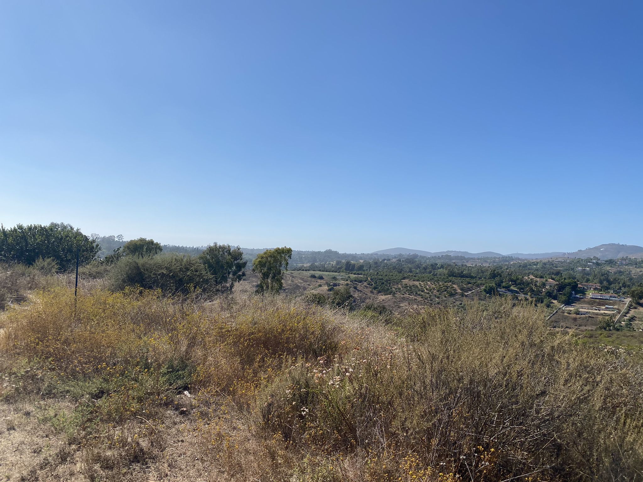 Wide view of dry brush and distant hills under a clear blue sky. - Tunnel 4 Trail – Fire Road Switchback Viewpoint loop from Solana Beach